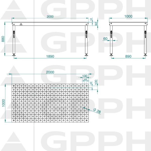 Rysunek techniczny Stół BASIC 2000x1000 mm fi28 100x100 stopy
