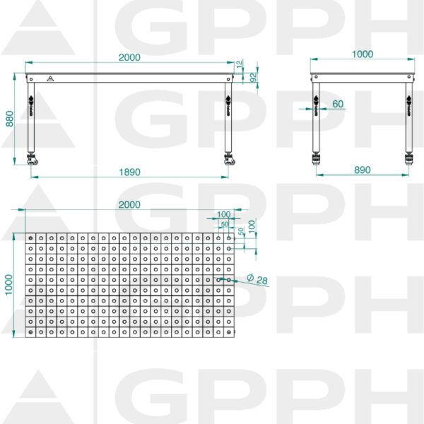 Rysunek techniczny Stół BASIC 2000x1000 mm fi28 100x100 koła