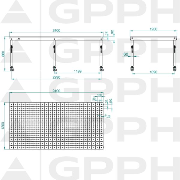 Rysunek techniczny Stół BASIC 2400x1200 mm fi16 50x50 koła