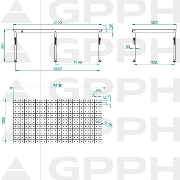 Rysunek techniczny Stół BASIC 2400x1200 mm fi16 100x100 stopy