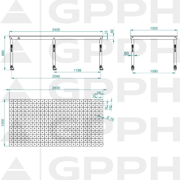 Rysunek techniczny Stół BASIC 2400x1200 mm fi16 100x100 koła