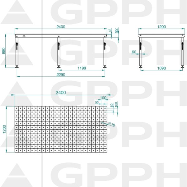 Rysunek techniczny Stół BASIC 2400x1200 mm fi16 diagonalna stopy