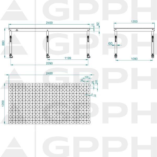 Rysunek techniczny Stół BASIC 2400x1200 mm fi16 diagonalna koła
