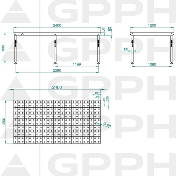 Rysunek techniczny Stół BASIC 2400x1200 mm fi28 100x100 stopy