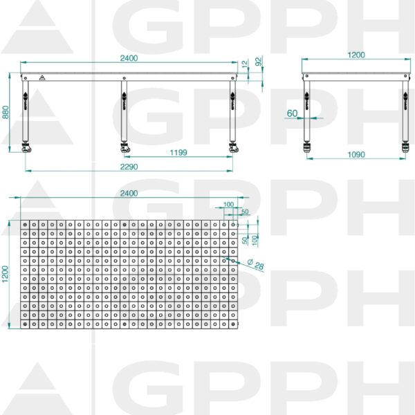 Rysunek techniczny Stół BASIC 2400x1200 mm fi28 100x100 koła