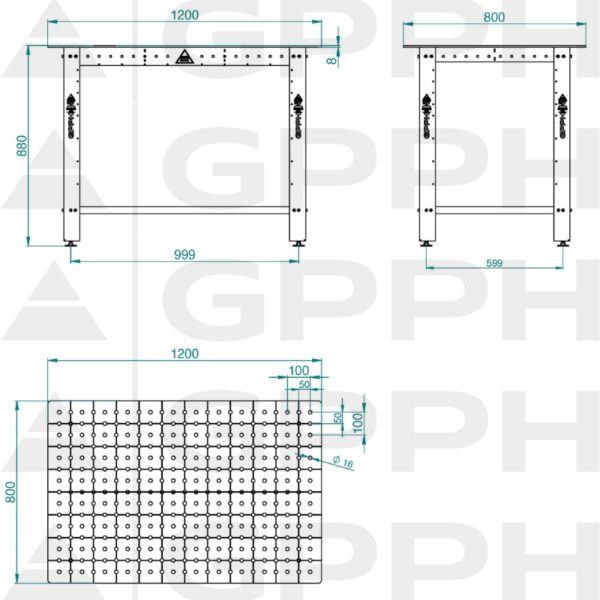 Rysunek techniczny Stół DIY 1200x800 mm fi16 50x50 stopy