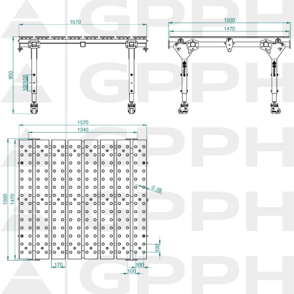 Rysunek techniczny Stół MWT POJEDYNCZY 1600x1500 mm fi28 100x100