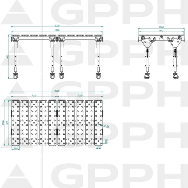 Rysunek techniczny Stół MWT PODWÓJNY 2000x1000 mm fi28 100x100