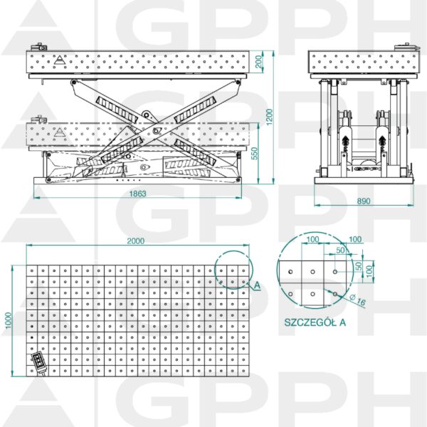 Rysunek techniczny Stół XWT ECO 2000x1000 mm fi16 100x100
