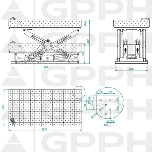 Rysunek techniczny Stół XWT ECO 2000x1000 mm fi16 diagonalna