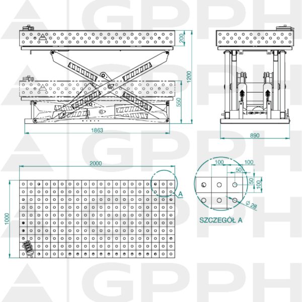 Rysunek techniczny Stół XWT ECO 2000x1000 mm fi28 100x100