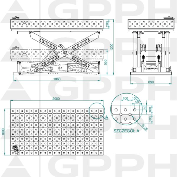 Rysunek techniczny Stół XWT ECO 2000x1000 mm fi28 diagonalna