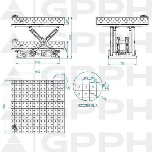 Rysunek techniczny Stół XWT PLUS 1500x1480 mm fi28 100x100