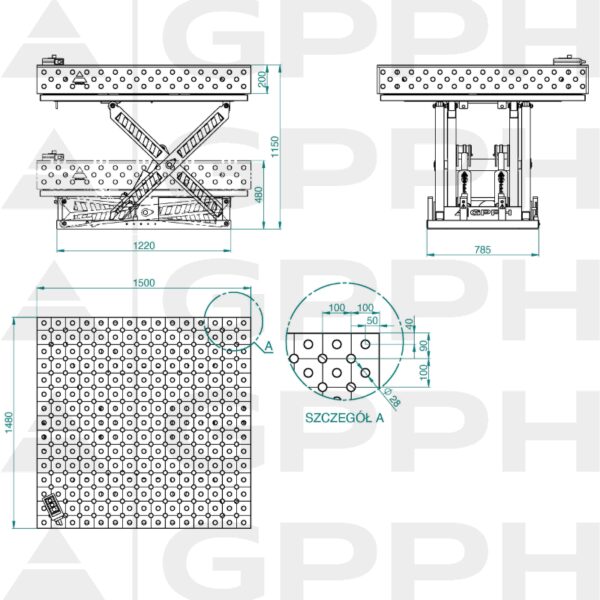 Rysunek techniczny Stół XWT PLUS 1500x1480 mm fi28 diagonalna