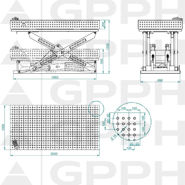 Rysunek techniczny Stół XWT PLUS 2000x1000 mm fi16 50x50