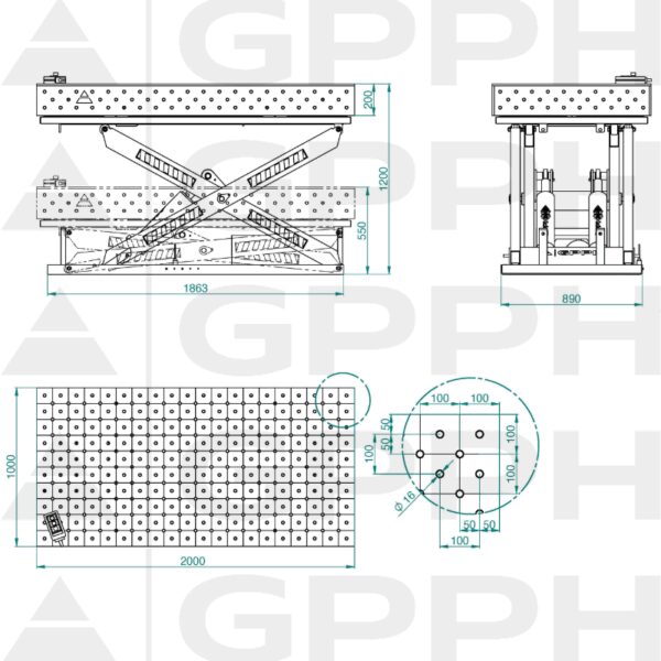 Rysunek techniczny Stół XWT PLUS 2000x1000 mm fi16 diagonalna