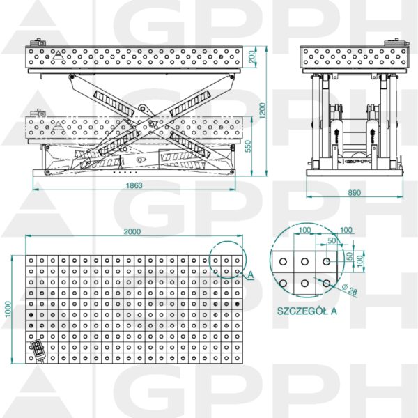 Rysunek techniczny Stół XWT PLUS 2000x1000 mm fi28 100x100