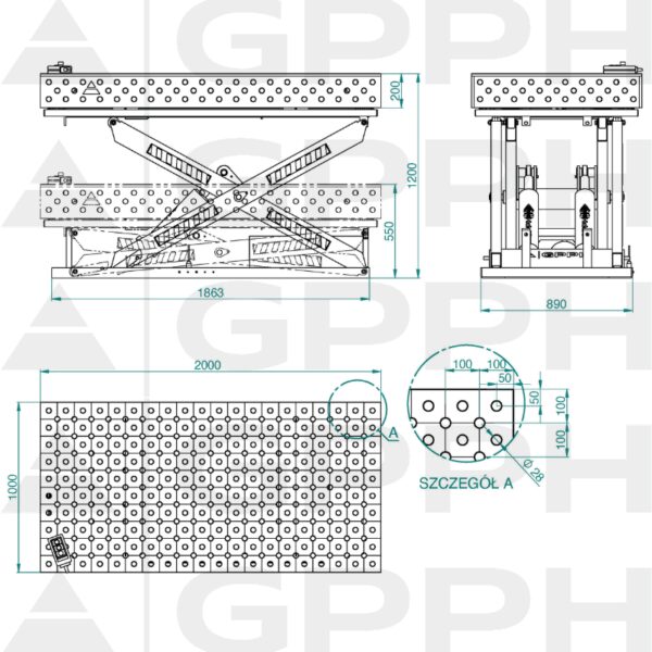 Rysunek techniczny Stół XWT PLUS 2000x1000 mm fi28 diagonalna
