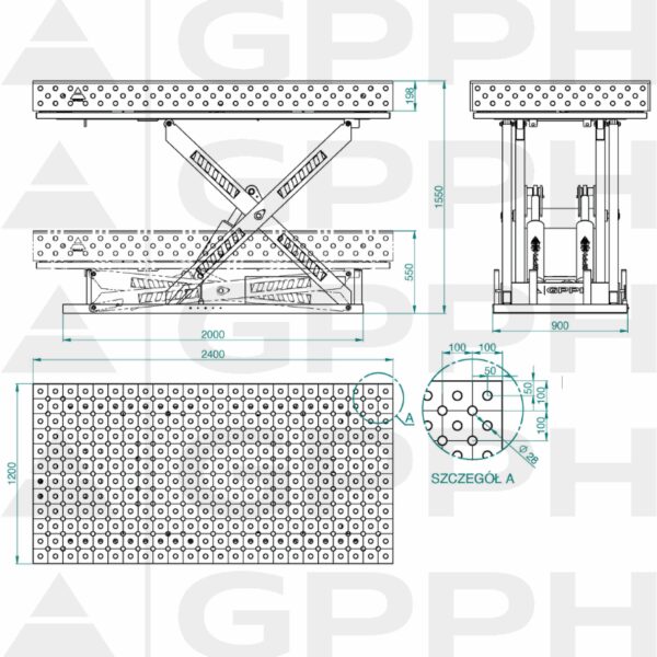 Rysunek techniczny Stół XWT PLUS 2400x1200 mm fi28 diagonalna