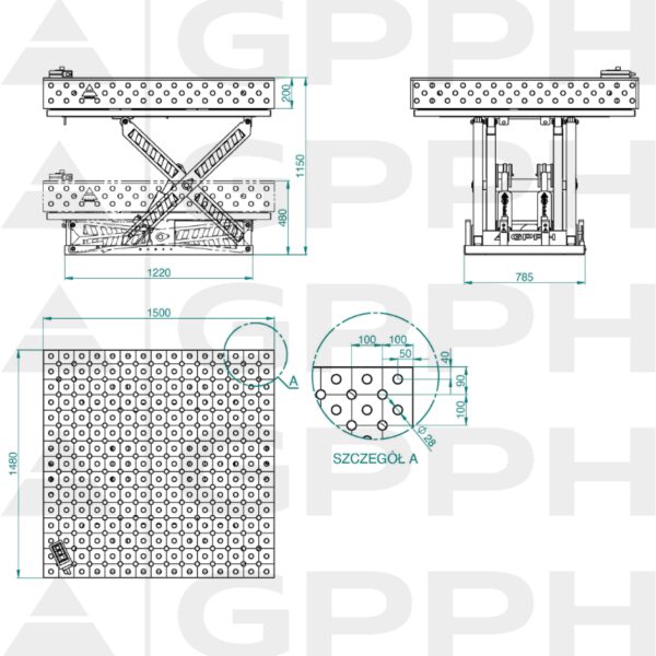 Rysunek techniczny Stół XWT PRO 1500x1480 mm fi28 diagonalna