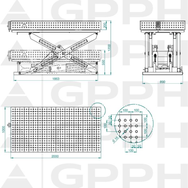 Rysunek techniczny Stół XWT PRO 2000x1000 mm fi16 50x50
