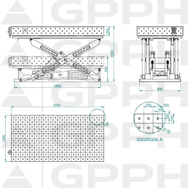 Rysunek techniczny Stół XWT PRO 2000x1000 mm fi16 100x100