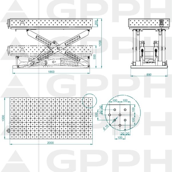 Rysunek techniczny Stół XWT PRO 2000x1000 mm fi16 diagonalna