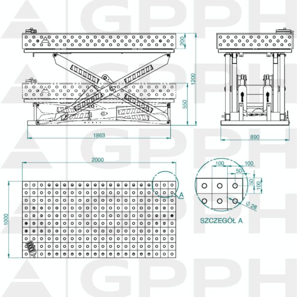 Rysunek techniczny Stół XWT PRO 2000x1000 mm fi28 100x100