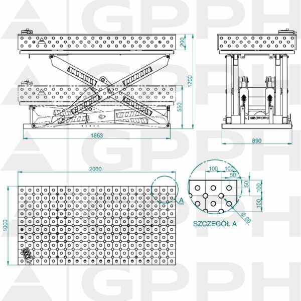Rysunek techniczny Stół XWT PRO 2000x1000 mm fi28 diagonalna