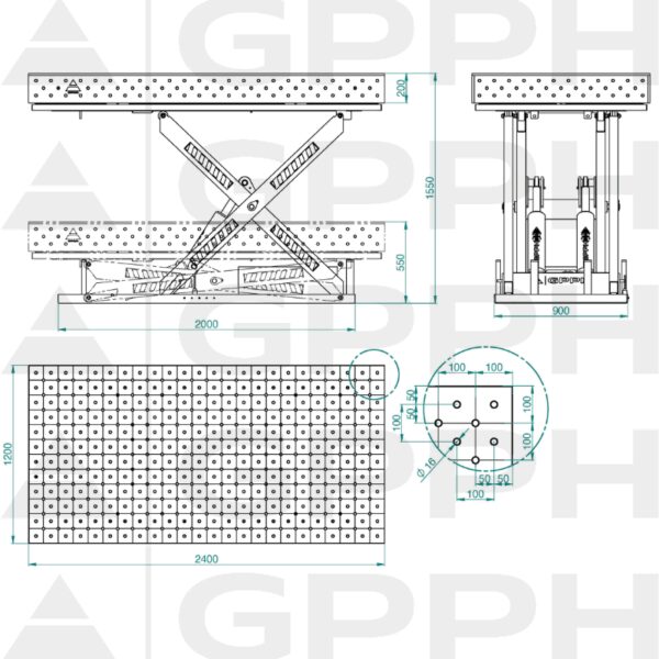 Rysunek techniczny Stół XWT PRO 2400x1200 mm fi16 diagonalna