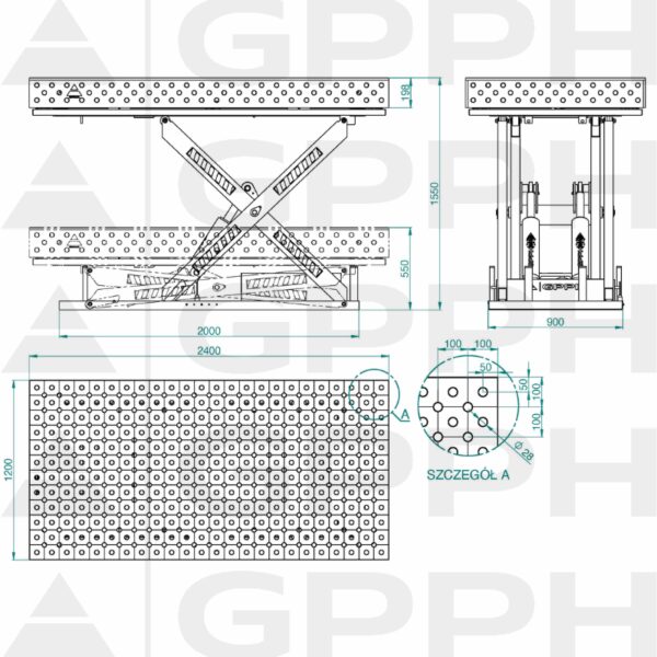 Rysunek techniczny Stół XWT PRO 2400x1200 mm fi28 diagonalna