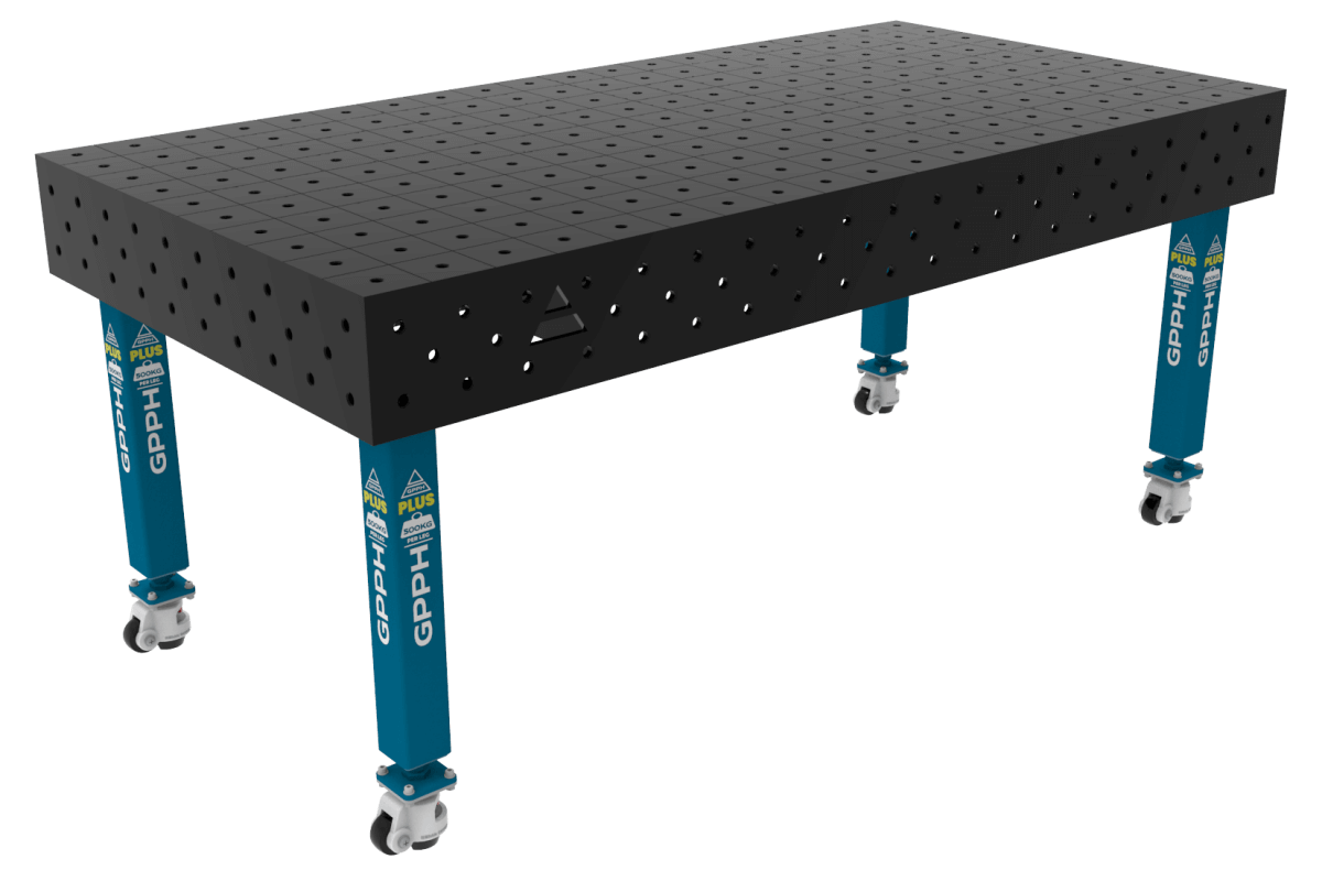 Stół Spawalniczy PLUS Siatka - 100x100mm, System - Φ16, Rozmiar - 2000x1000mm, Nogi - Na kołach