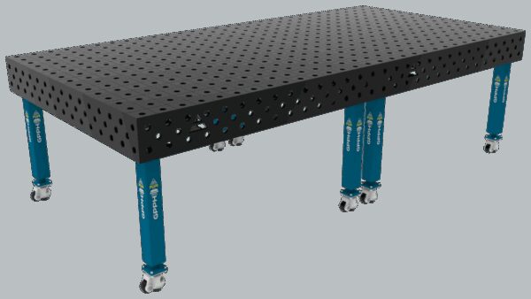 Stół Spawalniczy PLUS Siatka - 100x100mm, System - Φ28, Rozmiar - 3000x1480mm, Nogi - Na kołach